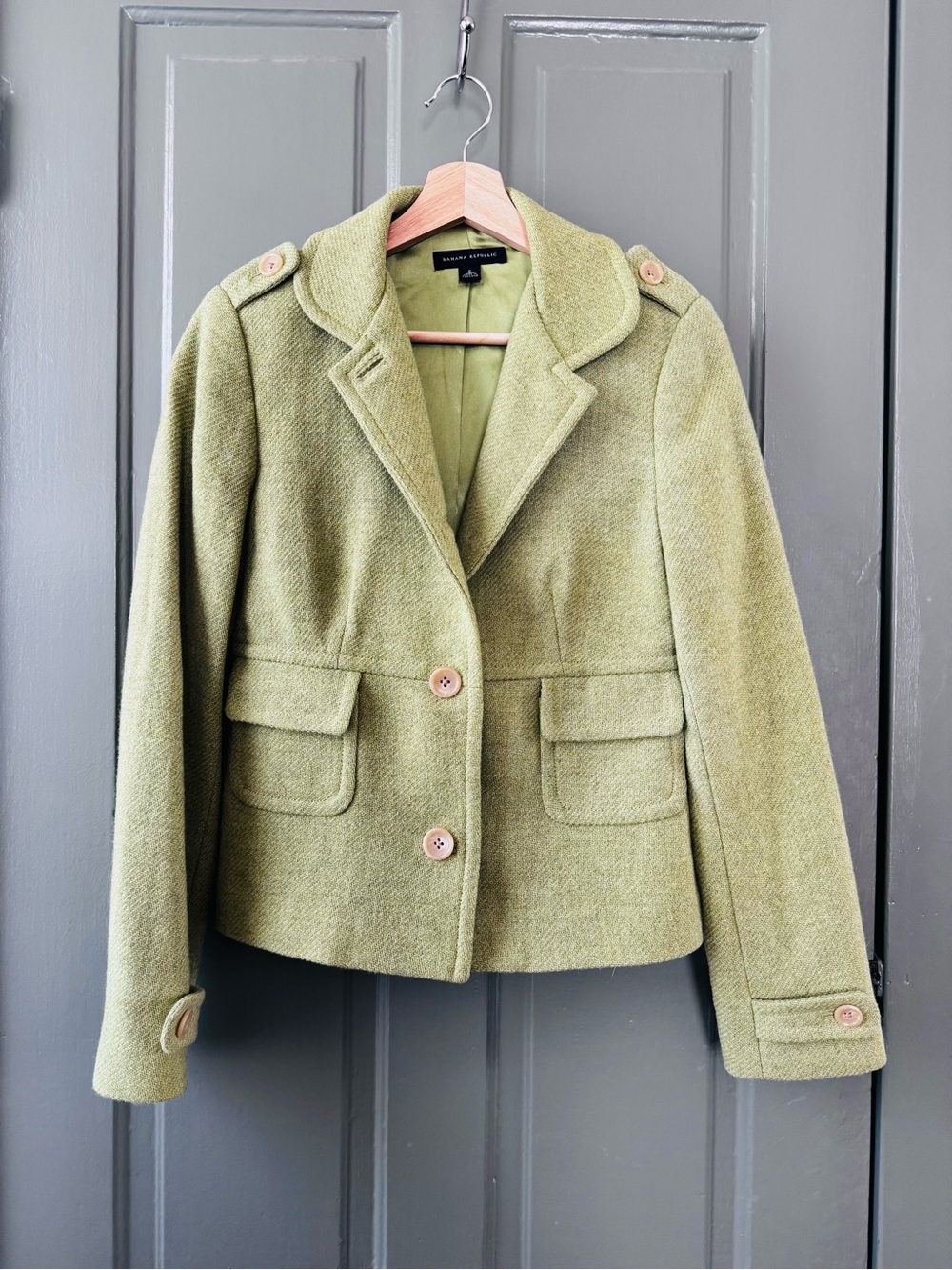 Banana Republic Light Olive Green Wool Blend Military-Style Blazer